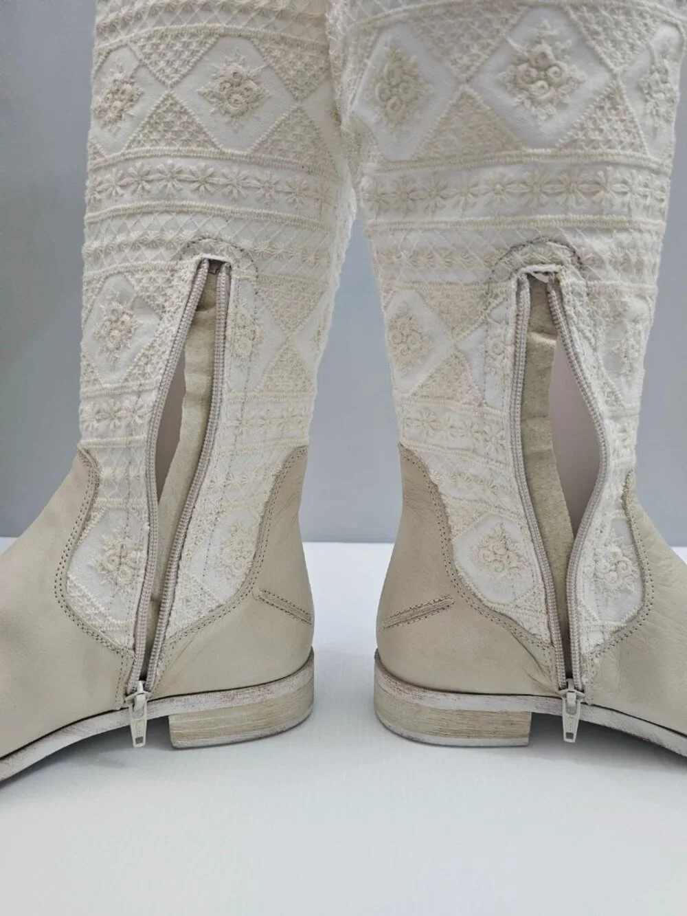 Free People Bren Knee High Boot Womens EU 37 Cream Embroidered Boho Slouchy